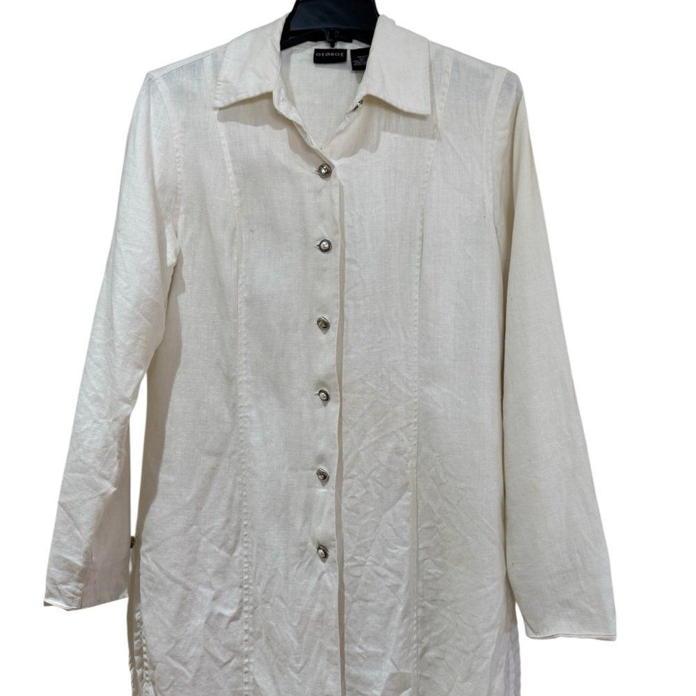 George  Ivory Button-Front Long Sleeve Linen Coat